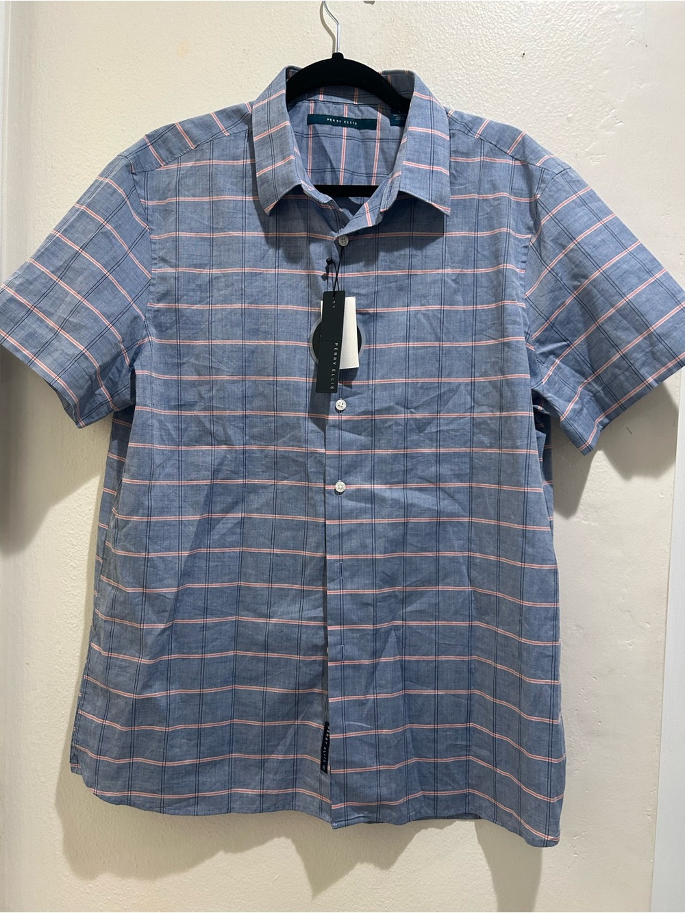 Perry Ellis Blue Short-Sleeve Button-Down with Pink Windowpane